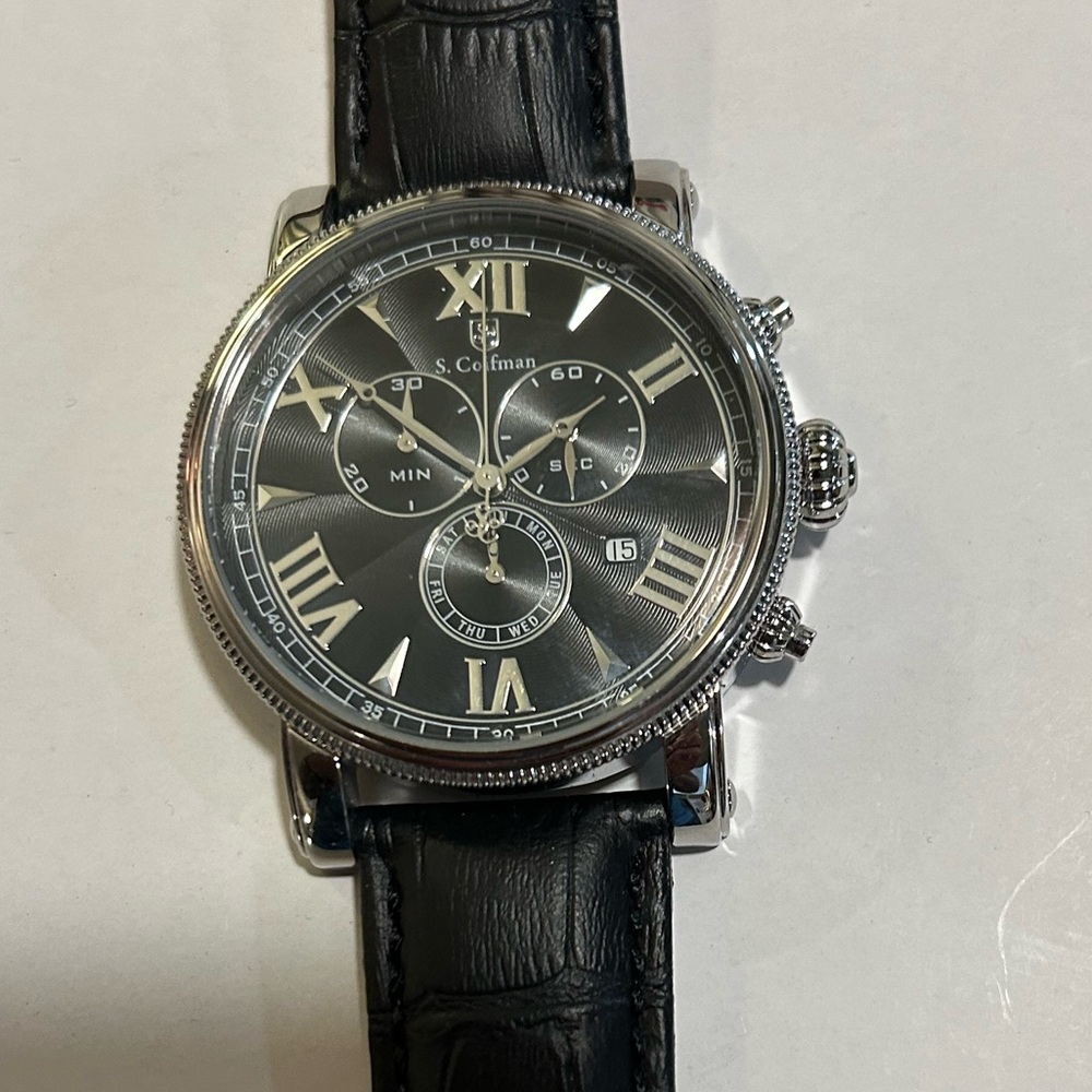 S Coifman Watch With 43mm Black Chronograph Face & Black Leather Band
